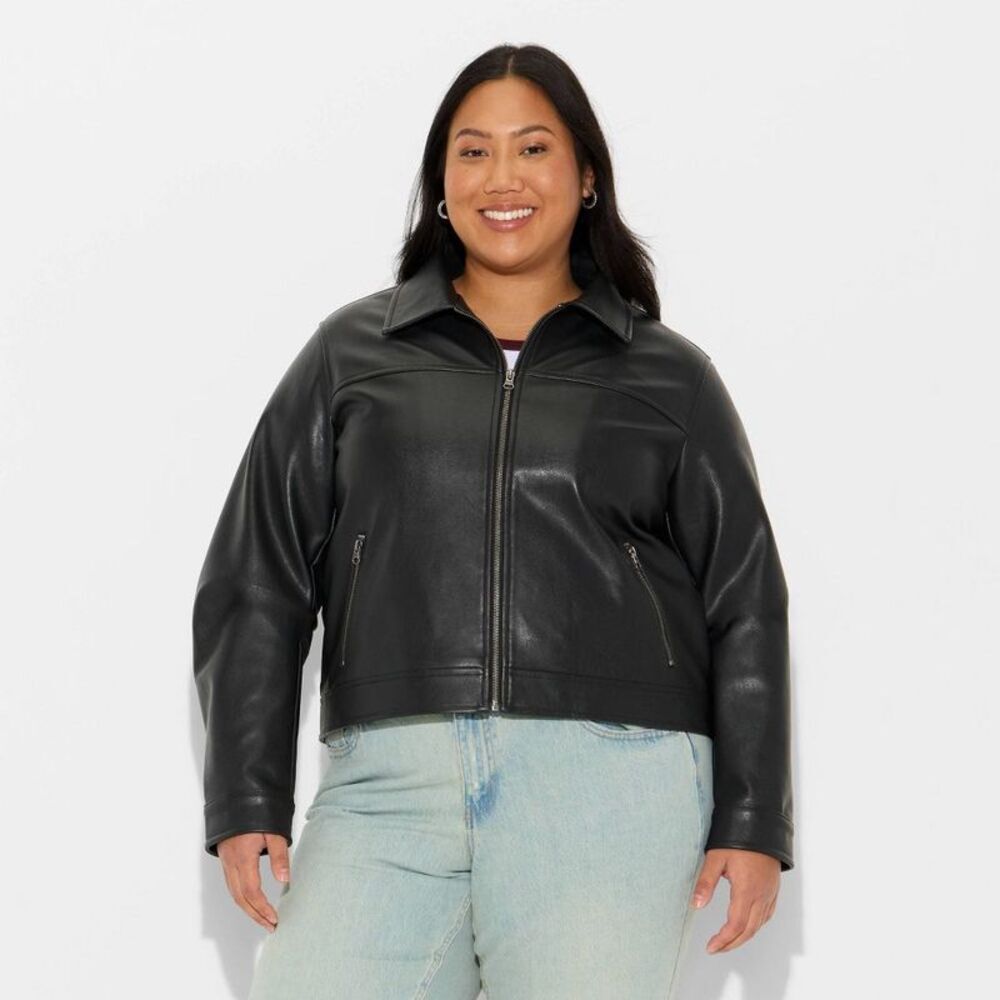Women's Boxy Faux Leather Jacket - Black XXL